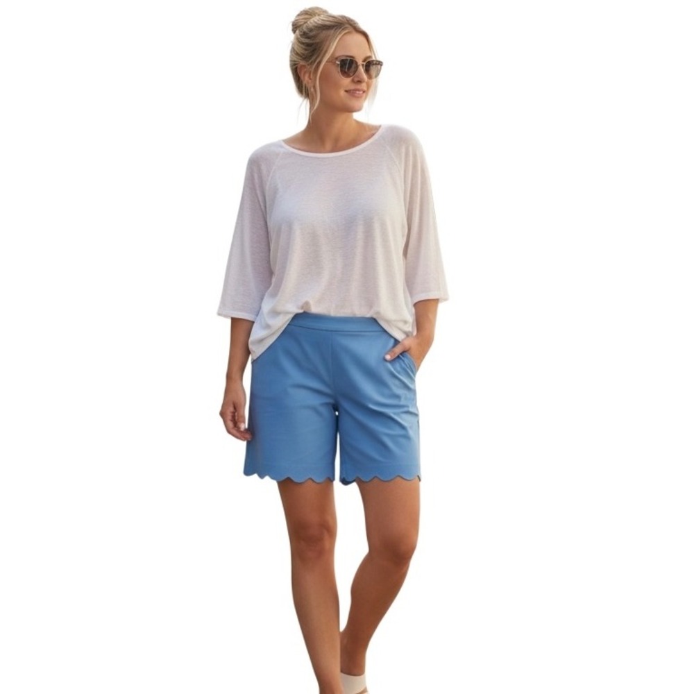 Coral Bay Blue Scalloped Hem Shorts Size 16 Pull On Stretch Bermuda. Pockets!